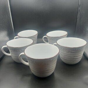 5 Pfaltzgraff Trellis White Farmhouse Whitewash Rustic Embossed Scroll Mugs EUC